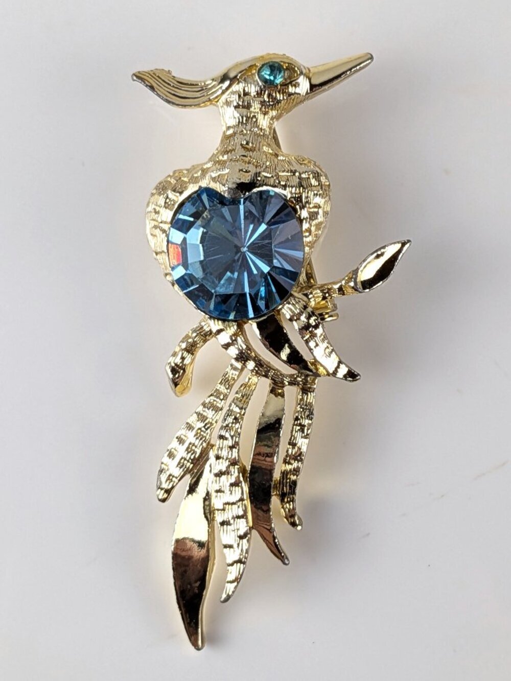Vintage 60s Exotic Bird Brooch w/ Blue Heart-Shaped Rhinestone